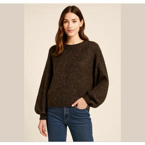 Loft Ann Taylor LOFT fluffy sparkling metallic hint sweater pullover brown Sz L